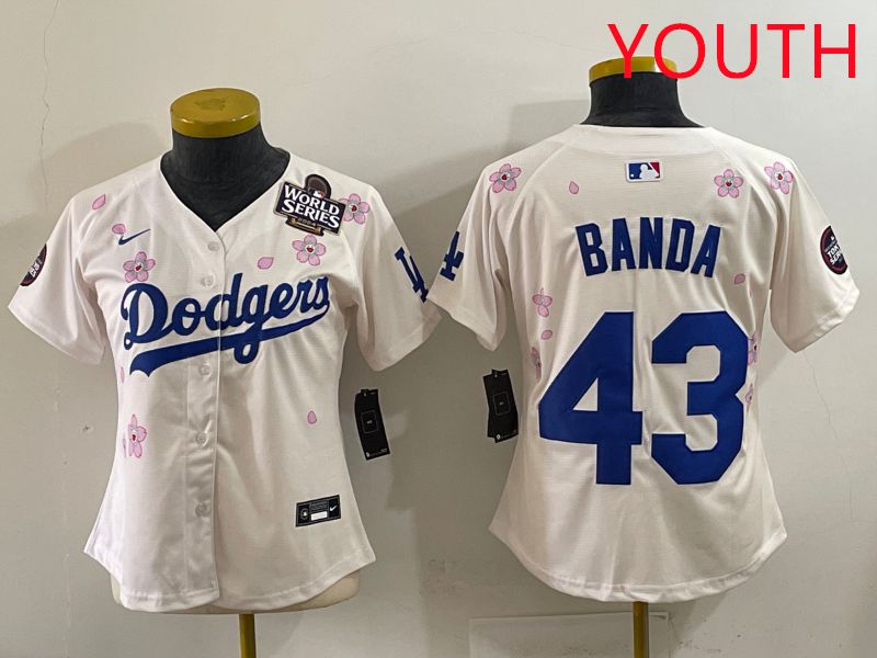 Youth Los Angeles Dodgers #43 Banda Cream Sakura Edition 2025 Nike MLB Jersey style 36